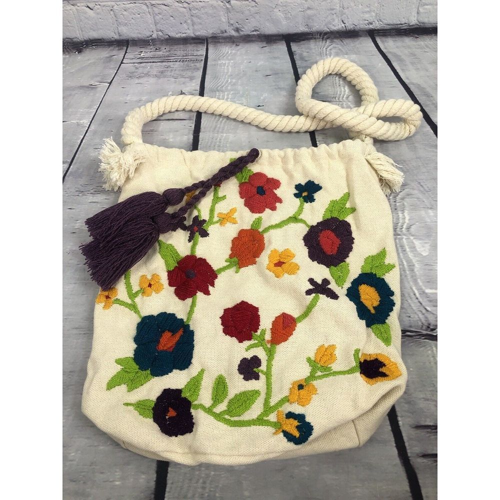 handmade embroidered jute‎ sachel cross body shoulder bag floral - Picture 2 of 5
